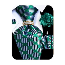 Kerfado 5PCS Mens Silk Green and Silver Gray Polka Dot Tie, Pocket Square, Cufflinks, Drilled Tie Ring and Lapel Pin Set for Wedding Groom Party