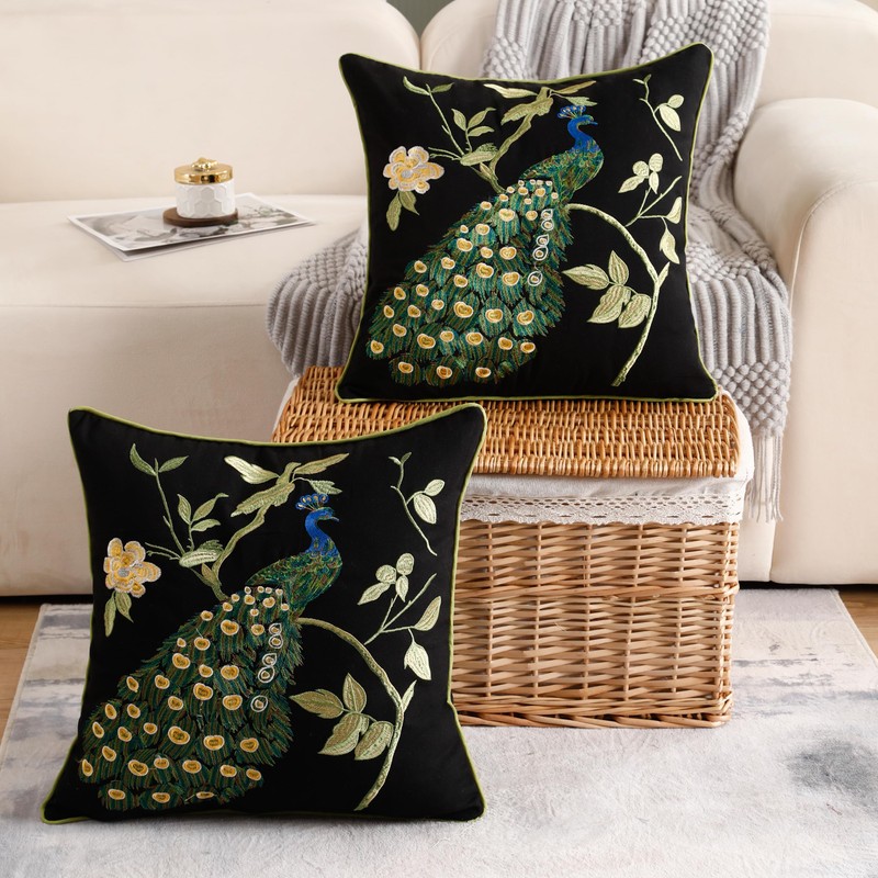 Holibeat Spring Embroidered Birds Tree Throw Pillow Covers Peacock Decorative