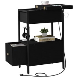 SOOWERY End Table with Charging Station, Narrow Side Table with Flip Top Cabinet and Fabric Drawer, Nightstand Bedside Tables for Small Spaces, Bedroom, Living Room, Black
