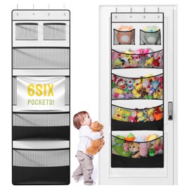 Yecaye Stuffed Animal Storage, 1 Pack Over Door Organizer for Stuffies with 6 Expandable Mesh Net Pockets, Baby Ideas Holder for Kids Room, Hanging Plushy Organizers for Bedroom, Black