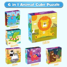Japace Wooden Jigsaw Puzzles for Toddlers, 6 in 1 Animal Puzzle 3D Wooden Cube Block Toys Montessori Educational Games for Kids 1 2 3 4 Years Old Birthday for Boys and Girls (Medium)