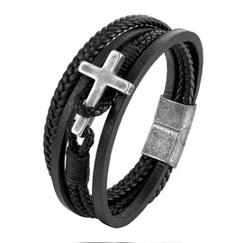 REchoLI Cross Bracelet for Man Black/Brown/Blue Braided Leather Bracelet with Stainless Steel Silver Cross Charm Stylish Christian Jewelry (Black)