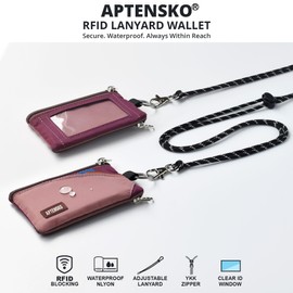 APTENSKO RFID Travel Wallet with Adjustable Lanyard-Zipper Small Wallet with ID Card Holder, Keychain for women&men-Minimalist Slim Waterproof Nylon case for ID, Cash, Key (Mauve+Plum Wine)
