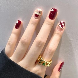 BSLVWG Pack of 24 Christmas False Nails Short, Press on Nails with Snowflake Elk, Square Fake Nails Short with Nail Glue, Christmas Decoration Festival Holiday Nails (01)