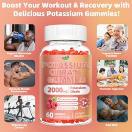 QANLOI Potassium Citrate 2000mg, Potassium Gummies for Adults-Boost Muscle Growth & Immune Support - 60 Count Raspberry Flavor