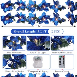 Zubebe 2 Pcs Prelit Poinsettia Christmas Garland with String Lights Glitter Holly Leaves Berries Remote Timer 8 Modes 6.5 ft Lighted Flower Garland Battery Operated Indoor Outdoor Decor(Blue)