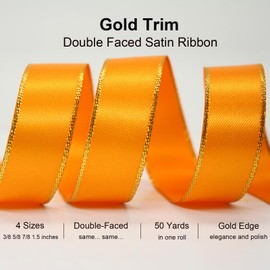 Cinta naranja, cinta de satén de doble cara de 1-1/2 x 50 yardas con borde dorado, delicada para manualidades, envoltura de regalos, ramo de flores, boda, lazo para el pelo, bricolaje, día festivo