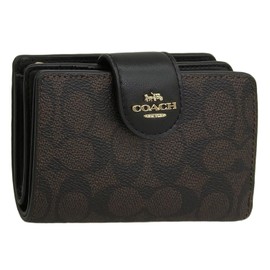 Coach CW786 Coach Women's Bifold Wallet Compact Outlet Brand Medium Corner Zip Wallet Signature Canvas, Walnut x Black