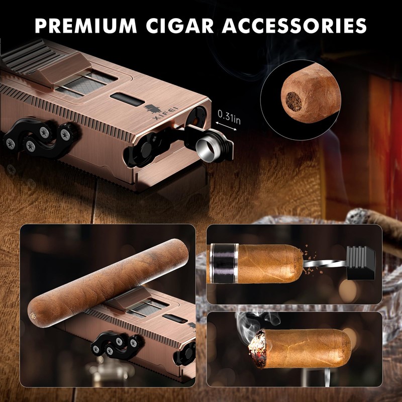 XIFEI 5-in-1 Cigar Lighter with Triple Jet Flame, Refillable Butane