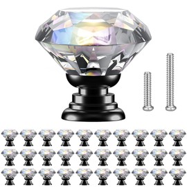 POZEAN Crystal Cabinet Knobs 30 Pack, 1.18 inch (30mm) Pulls for Dresser, Drawer, Cabinet with Two Different Sizes Screws, Diamond Shape Glass Handles for Home (30mm, 30 Pack, Clear-Black)