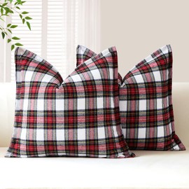 OTOSTAR Pack of 2 Christmas Scottish Plaid Throw Pillow Covers Decorative Linen Check Tartan Square Pillow Covers with Stitched Edge for Sofa Couch Bed Farmhouse Home Decor 24x24 Inches, White