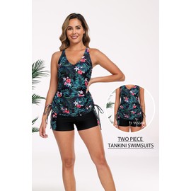 Halcurt Women's Two Piece Tankini Swimsuits Tummy Control Adjustable Drawstring Bathing Suit and Short with Pocket Green Leaves 2XL