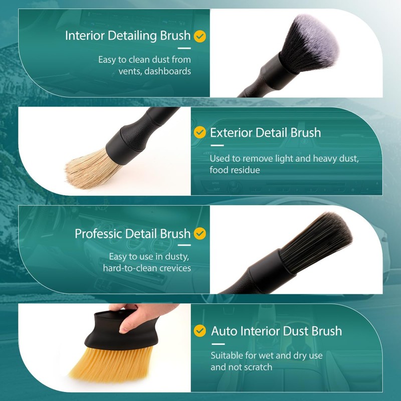 7PCS Car Detailing Brush Set, Ultra Soft Boars Hair Car