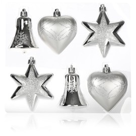 com-four® 6-Piece Set Christmas Tree Decorations - Christmas Tree Baubles in Different Shapes - Bell, Heart and Star to Hang on the Christmas Tree (silver colored)
