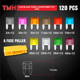 TMH 120 Pcs Car Fuse Assortment Kit, Mini Blade Fuses Automotive Set + 1 Puller – for RV, Truck, Marine, Auto Accessories (2A 3A 5A 7.5A 10A 15A 20A 25A 30A 40A) ATC/ATO