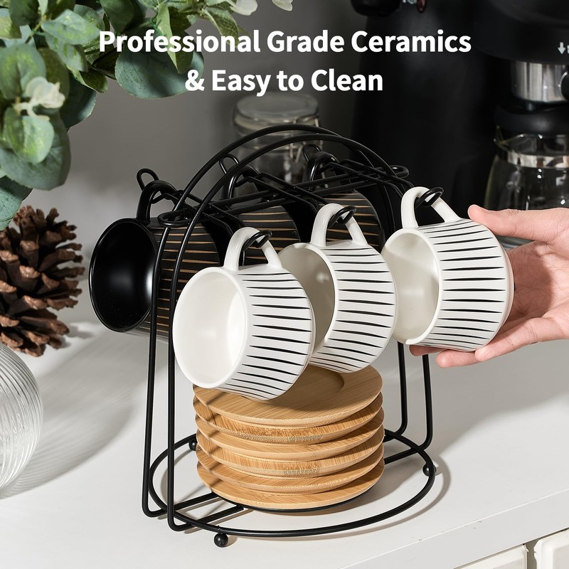 LUKA Ceramic Coffee Espresso Cups with Saucers Set with Metal