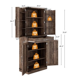 GRUSIGN 72" Tall Storage Cabinet, Kitchen Pantry Cabinet with Adjustable Shelves & Sturdy Steel Frame, Farmhouse Pantry Storage with 4 Barn Doors for Kitchen, Dining Room, and Living Room, Dark Grey