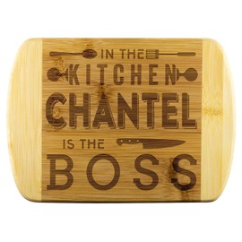 Mom To Be Gifts - In The Kitchen Chantel Is The Boss - Mothers Day Gifts, Gift Ideas For Mom, Funny Cutting Board Engraved Bamboo Chopping Block, Bamboo Engraved Cutting Board