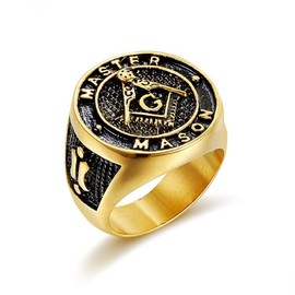 Masonic Master Mason Ring, Freemason Biker Ring for Men, Gold Plated Masonic Symbol Ring Compass Masonic Jewelry, Square Compass Freemason Ring Religious Amulet Ring for Boys (S)