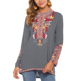 AK Women's Mexican Boho Embroidered Tops Long Sleeve Peasant Casual Loose Tunics Fall Blouse Shirts for Women (Gray)