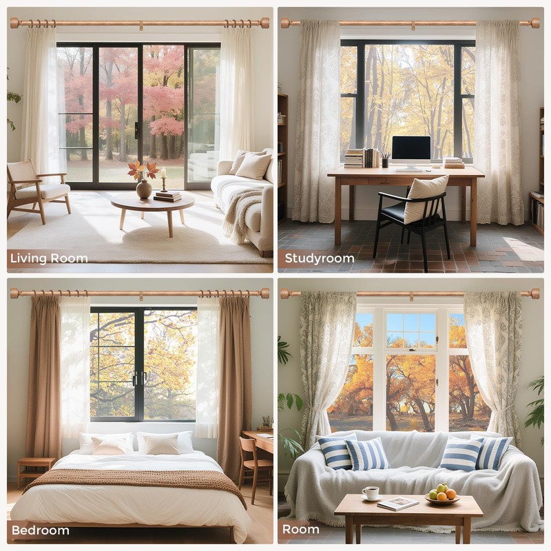Wood Curtain Rods for Windows 48 to 84 Inch, Adjustable