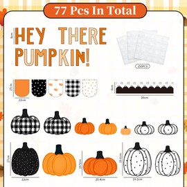 FYSUIMU 77Pcs Fall Pumpkin Cutouts Thanksgiving Black White Dots Plaid Bulletin Board Set with 150Pcs Glue Points for Autumn Thanksgiving Party Classroom Chalkboard Wall Decor