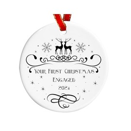Your First Christmas Engaged Bauble | Ceramic Engagement Decoration | Engaged Couple Gift (Red and Gold Ribbon)