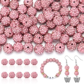 100Pcs Rhinestone Beads 10mm for Jewelry Making, Shiny Round Shamballa Disco Beads Bling Sparkle Rhinestone Clay Beads for Necklace Bracelet Earring Making and DIY Decoration(Pink)