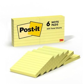 3M Post-it notas rayadas amarillo canario de 7.62cm x 7.62 cm, 6 blocs con 100 hojas c/u