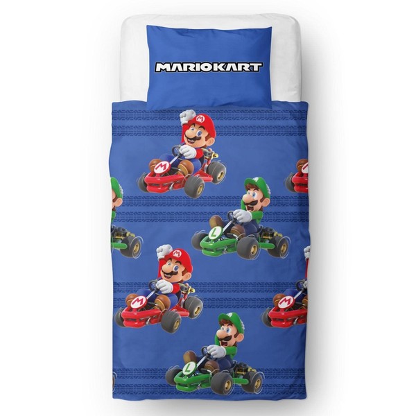 Nintendo Mario Kart Official Single Duvet Cover Set, Checkers Design | Blue Reversible 2 Sided Bedding Cover Official Merchandise Including Matching Pillow Case