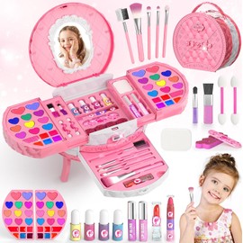 PERRYHOME 57 PZS Maquillaje para Niñas, Kit de Maquillaje Lavable Real, Juguetes para niñas, Princesa Juego de Simulación No Tóxico, Regalos de Cumpleaños y Navidad para Niñas 3+ (Rosado)
