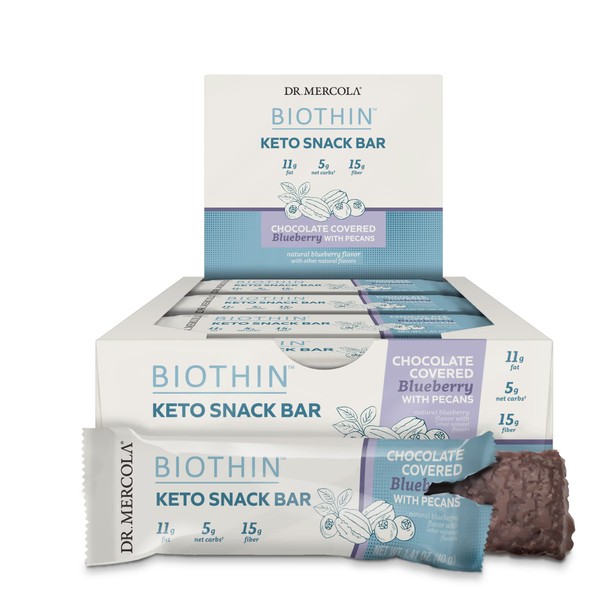 Dr. Mercola, Biothin Keto Snack Bars, Chocolate Blueberry Pecan 1 box (12 Bars), Chocolate Coated Ketogenic Nutrition Bars, non GMO, Soy Free, Gluten Free