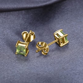 JewelryPalace Square 0.7ct Natural Peridot Stud Earrings for Women, Green Solitaire Natural Gemstone 925 Sterling Silver 14k Yellow Gold Plated Earrings for Girls, Anniversary Earrings for Her