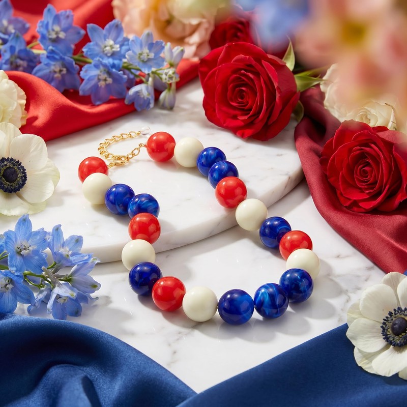 CLASSYZINT 20mm Chunky Red White Blue Beaded Necklace for Women