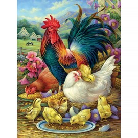 Bits and Pieces - 500 Piece Jigsaw Puzzle for Adults 18" x 24" - Chicken Yard - 500 pc Rooster Seed Mother Hen Corn Chicks Farm Jigsaw by Artist Oleg Gavrilov