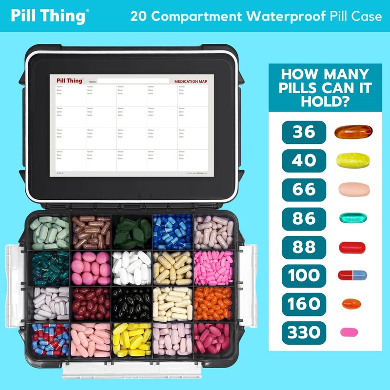 20 Compartment Large Pill Case with Airtight Seal - Silicone