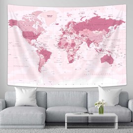 Drgilau Old World Map Tapestry - Pink Educational Wall Art Vintage Asia Europe South City Topography America Africa Decor for Living Room Office 60X40 Inch