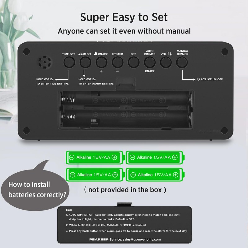 Peakeep Battery Operated Digital Alarm Clock for Bedrooms - Cordless