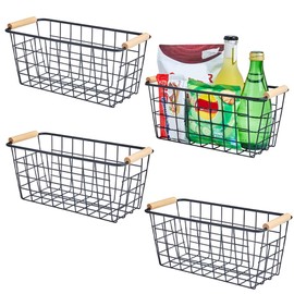 Black Metal Hanging Baskets with Handle, Wire Wall Storage Organizer with Hooks, Adhesive baskets for Kitchen, Bathroom, Pantry,Spice Rack, Cabinet Organizer, Shower Caddy 4-Pack