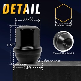 Set of 24, 14x1.5 Wheel Lug Nut Black 1.78’’ Tall 7/8’’ Hex 60° Cone Seat Compatible with OEM Factory Silverado Tahoe Suburban Colorado
