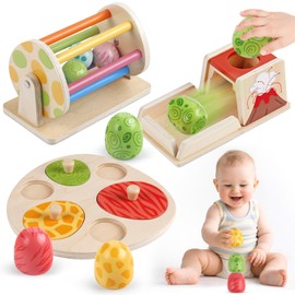 Montessori Toys for 6 Month Old, Wooden Baby Toys for 6 7 8 9 Month Old Dinosaur Egg Ball Drop Toy Wooden Puzzles Spinning Drum Baby Ball Toy for Infant Toddlers 1 2 3 Christmas Birthday Gift