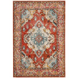 Safavieh Monaco Collection MNC243H Bohemian Chic Medallion Distressed Area Rug, 6' 7" x 9' 2", Orange/Light Blue