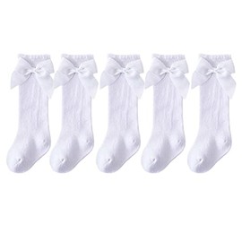 PythJooh 5Pairs Baby Girl Knee High Socks with Ribbon Bow Girls Back to School Knee High Socks White Grey Stockings for 0-7Years