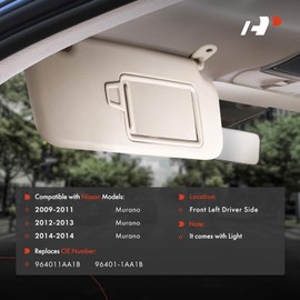 A-Premium Driver Left Side Sun Visor Compatible with Nissan Murano 2009-2014 - with Vanity Light, with Vanity Mirror, Without Sunroof, Gray Color - Replaces 96401-1AA1B, 964011AA1B