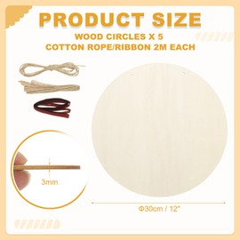 PATIKIL Wood Circles for Crafts, 12 inch Blank Unfinished Wood Round Slice Wooden Ornament Discs DIY Art Supplies with Ribbon for Crafting Holiday Party Small Business, 5 Pcs
