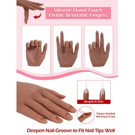 Mano de silicona para uñas acrílicas, flexibles y flexibles, 22 cm, mano de maniquí artificial realista suave para entrenamiento de uñas, kit de herramientas con 100 puntas de uñas, lima de uñas y cortaúñas