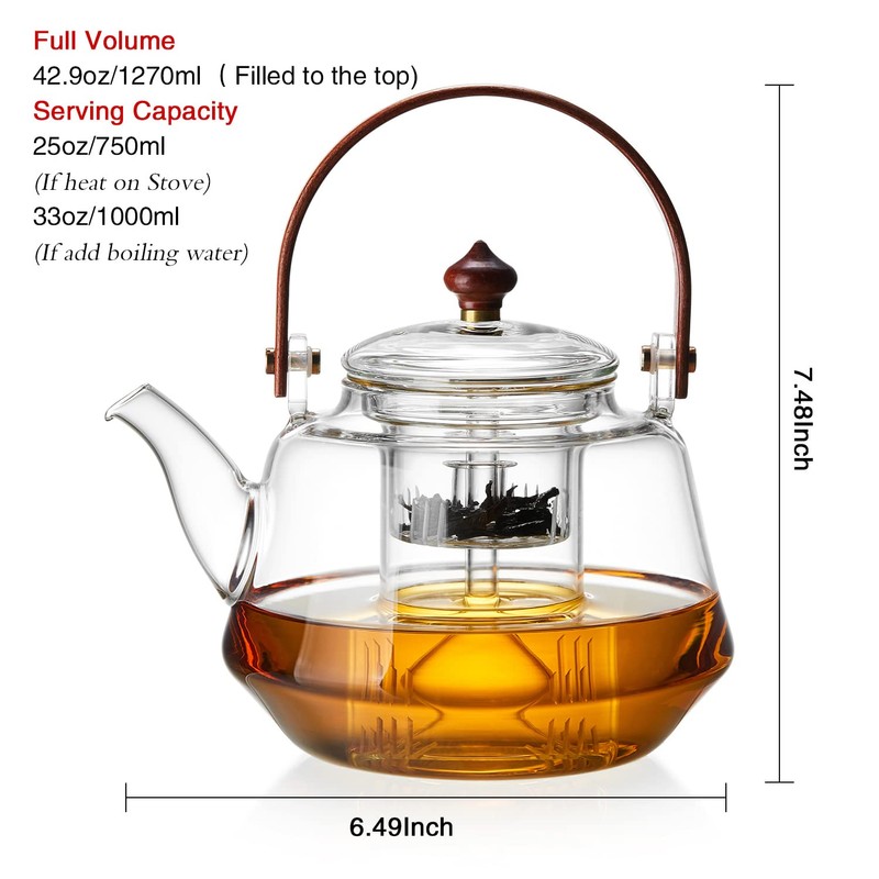 40oz Glass Teapot with Anti-Drip Spout, Peach Wood Handle and