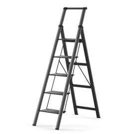 SOLADDER 5 Step Ladder, Folding Step Stool with Handgrip and Anti-Slip Wide Pedal, Portable Lightweight Aluminum Stepladder for Kitchen, Home, Library, Office (330 lbs Capacity) - Black