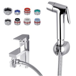Sink Faucet Hose Sprayer Attachment, Handheld Bidet Toilet Sprayer, 8 Adapters, Dual Function Faucet Sprayer Rinser, Bathroom Shower Head, Baby Cloth Diaper for Feminine Hygiene, Bathing Pets, Chrome