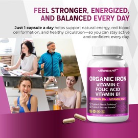NESSARIT Organic Iron High Potency with Vitamin C, Folic Acid - High-Absorption Formula Vitamin B1, Vitamin B6, Vitamin B12 - Support Blood Building - 150 Count